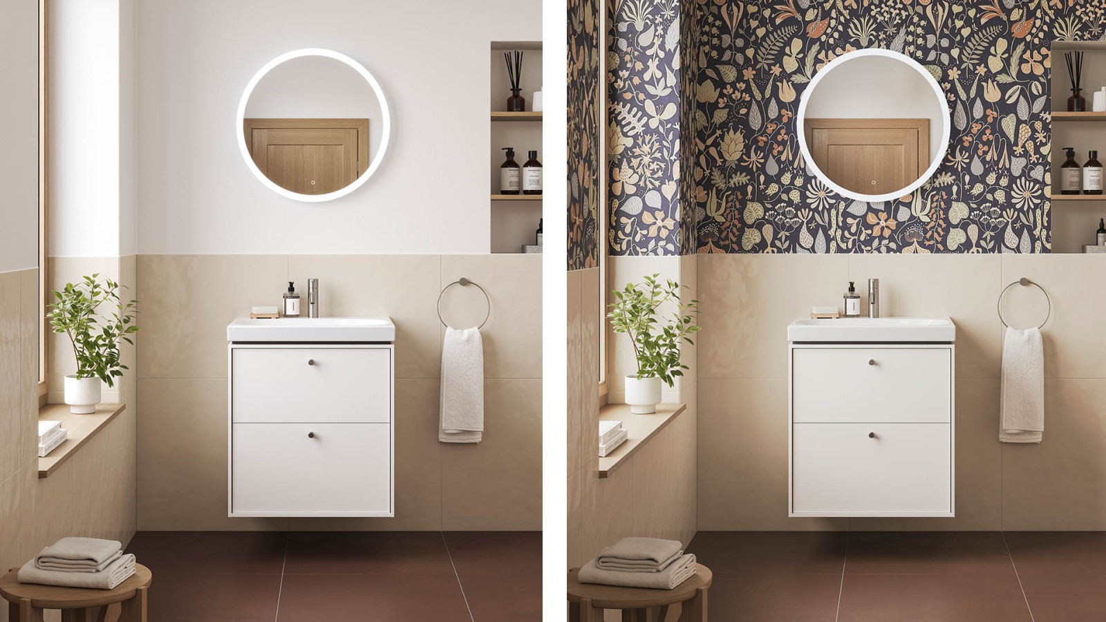 Dobbelt billede - Ifö badeværelser med tapet vs. ingen tapet Dobbelt billede - Ifö badeværelser med tapet vs. ingen tapet