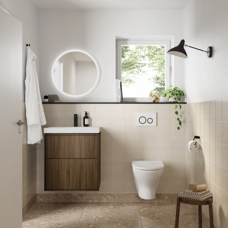 Ifö Sense Art badeværelsesmøbel, Spira toilet og Geberit Option spejl