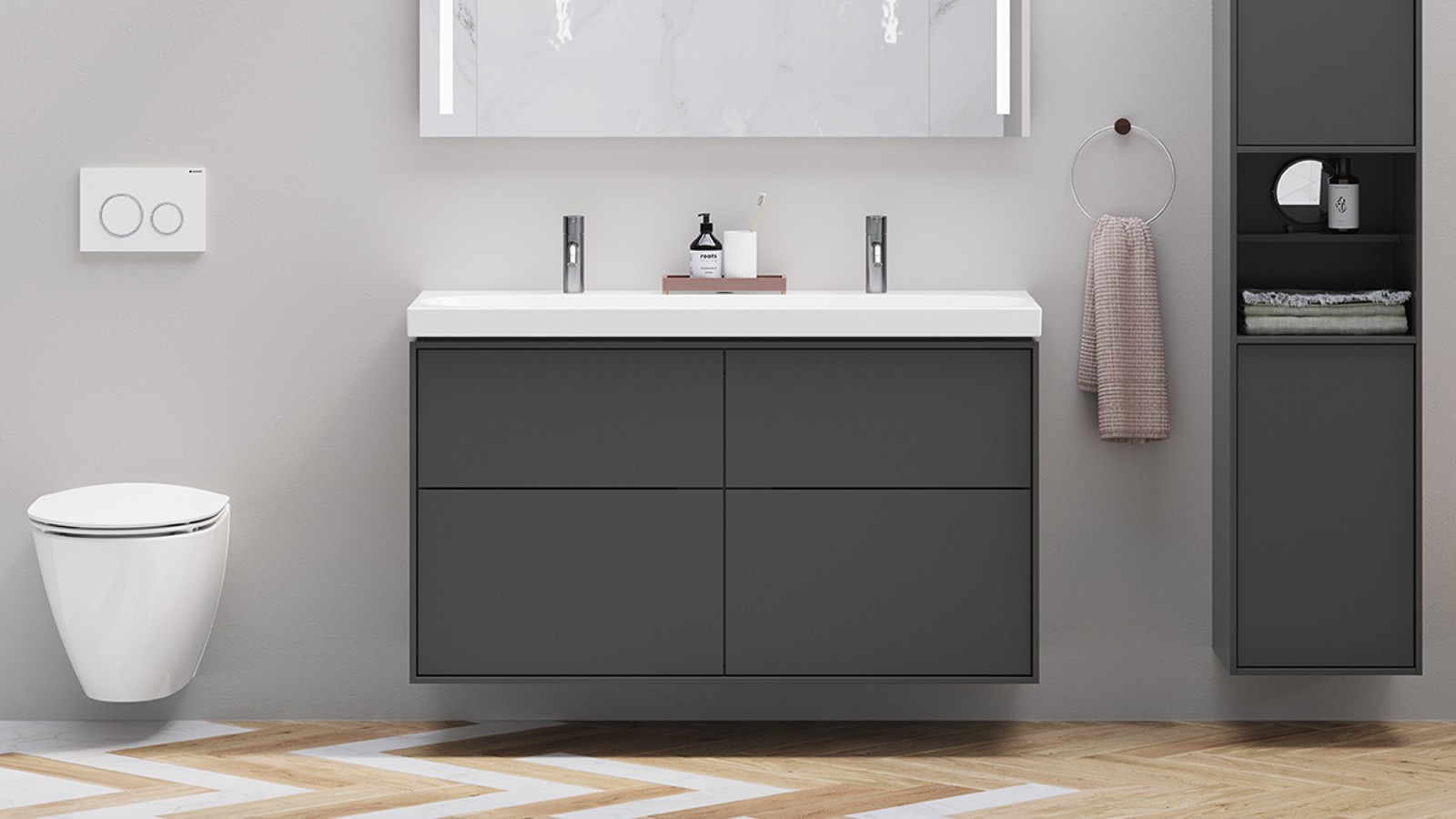 Ifö badeværelse med mørkegrå møbler Ifö badeværelse med mørkegrå møbler